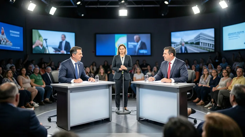 Imagem gerada por IA: Dois candidatos participam de um debate em estúdio, com um jornalista como mediador.