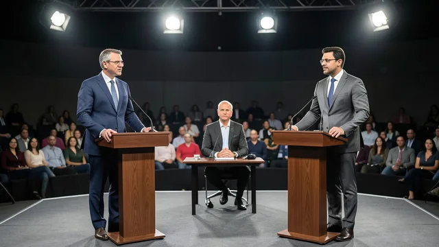 Imagem gerada por IA: Dois candidatos em púlpitos durante um debate em estúdio, com o mediador entre eles.