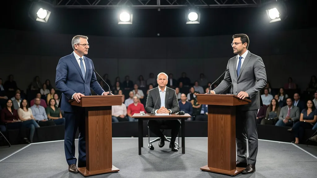 Imagem gerada por IA: Dois candidatos em púlpitos durante um debate em estúdio, com o mediador entre eles.