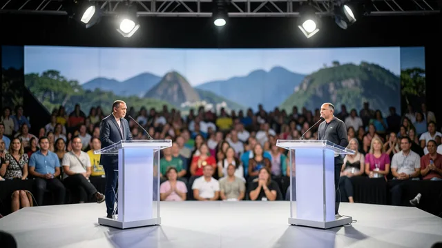 Imagem gerada por IA: Palco de debate televisivo com dois púlpitos e plateia ao fundo.