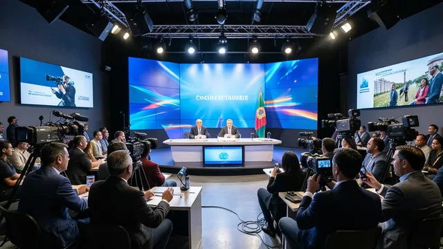 Imagem gerada por IA: Jornalistas acompanham um debate político em uma sala de imprensa com câmeras de televisão.