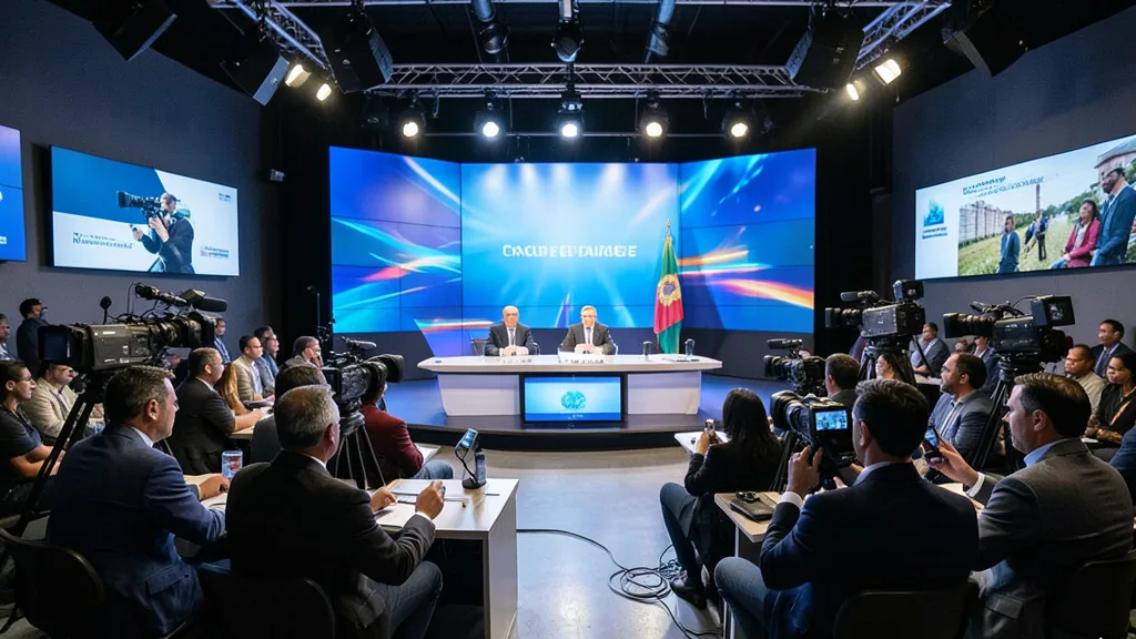 Imagem gerada por IA: Jornalistas acompanham um debate político em uma sala de imprensa com câmeras de televisão.
