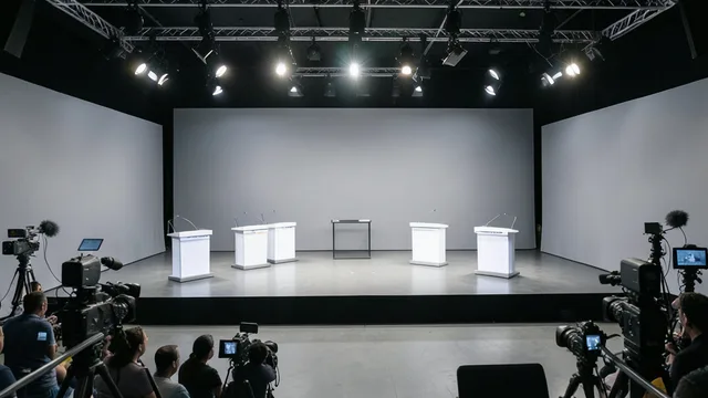 Palco vazio de um debate eleitoral em estúdio, com púlpitos e câmeras de televisão.