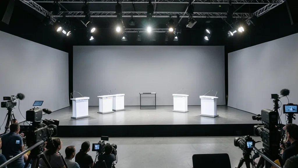 Palco vazio de um debate eleitoral em estúdio, com púlpitos e câmeras de televisão.
