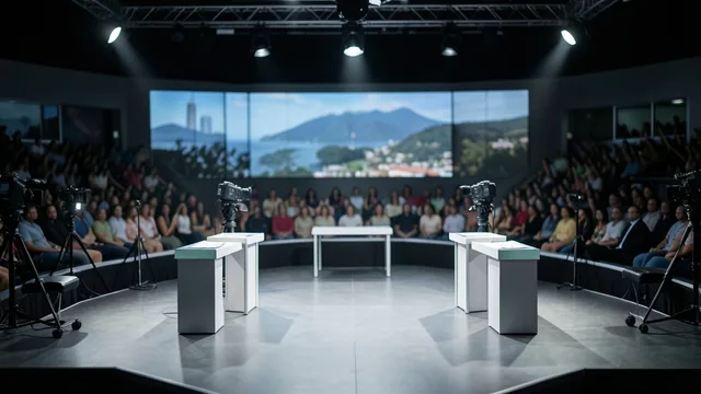 Palco preparado para debate presidencial em estúdio de televisão, com púlpitos e câmeras.