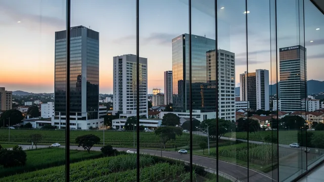 Imagem gerada por IA: Edifícios de um centro financeiro refletem uma paisagem agrícola ao entardecer.
