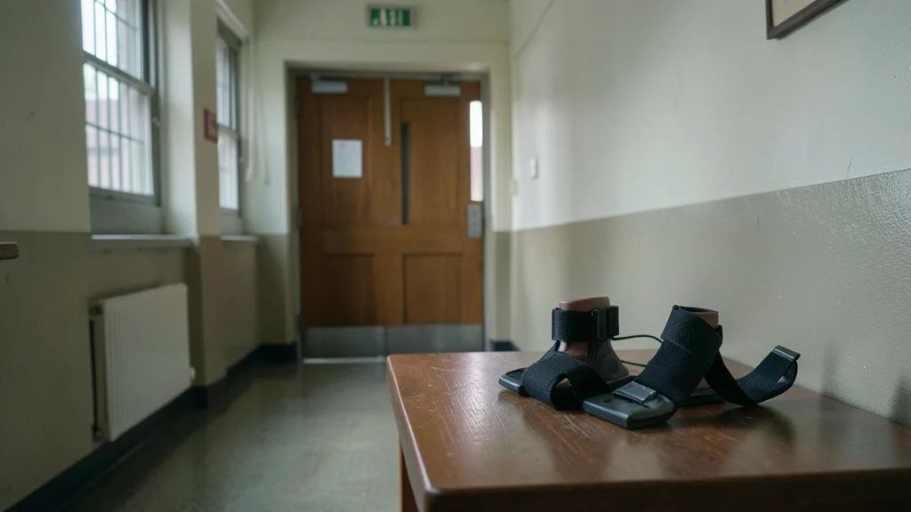 Imagem gerada por IA: Corredor de tribunal e equipamento de monitoramento eletrônico sobre uma mesa.