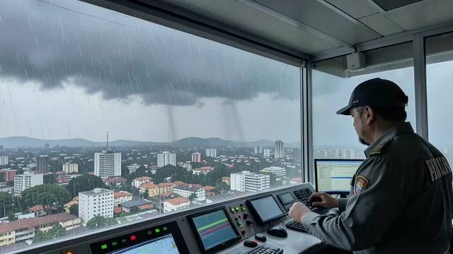 Imagem gerada por IA: Tempestade se aproximando de uma área urbana de São Paulo, enquanto um agente acompanha as condições meteorológicas.