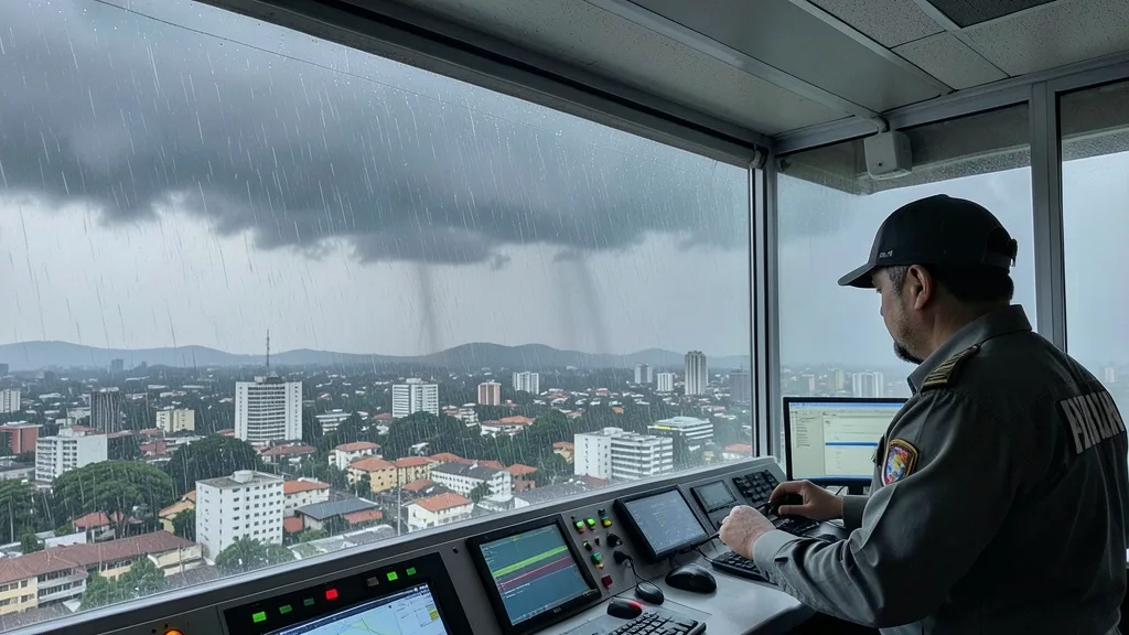 Imagem gerada por IA: Tempestade se aproximando de uma área urbana de São Paulo, enquanto um agente acompanha as condições meteorológicas.
