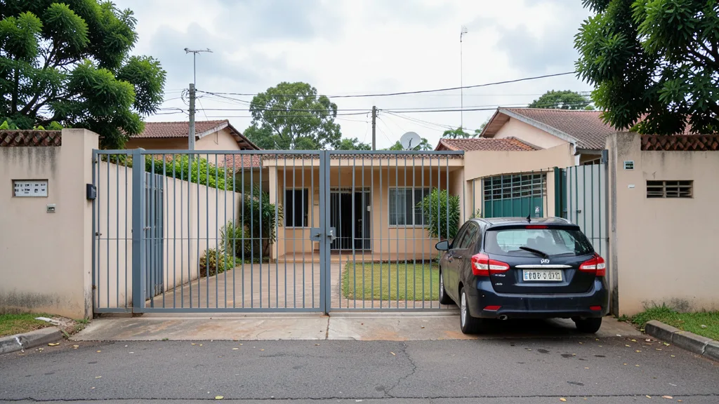 Imagem gerada por IA: Entrada de uma residência em Brasília, com portão de segurança e um carro estacionado.