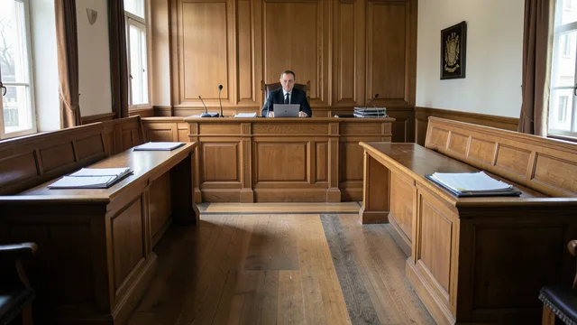 Imagem gerada por IA: Sala de tribunal vazia, preparada para uma sessão de julgamento.