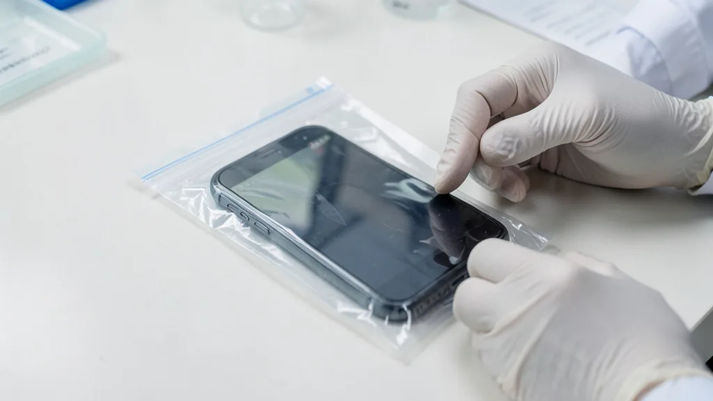 Imagem gerada por IA: Celular acondicionado em embalagem de evidência sobre uma mesa de perícia.