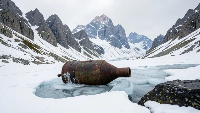 Imagem gerada por IA: Projétil antigo parcialmente exposto no gelo de uma geleira nos Dolomitas.