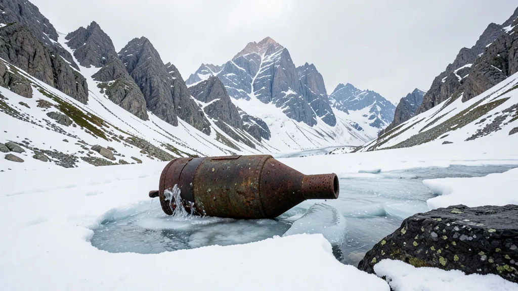 Imagem gerada por IA: Projétil antigo parcialmente exposto no gelo de uma geleira nos Dolomitas.