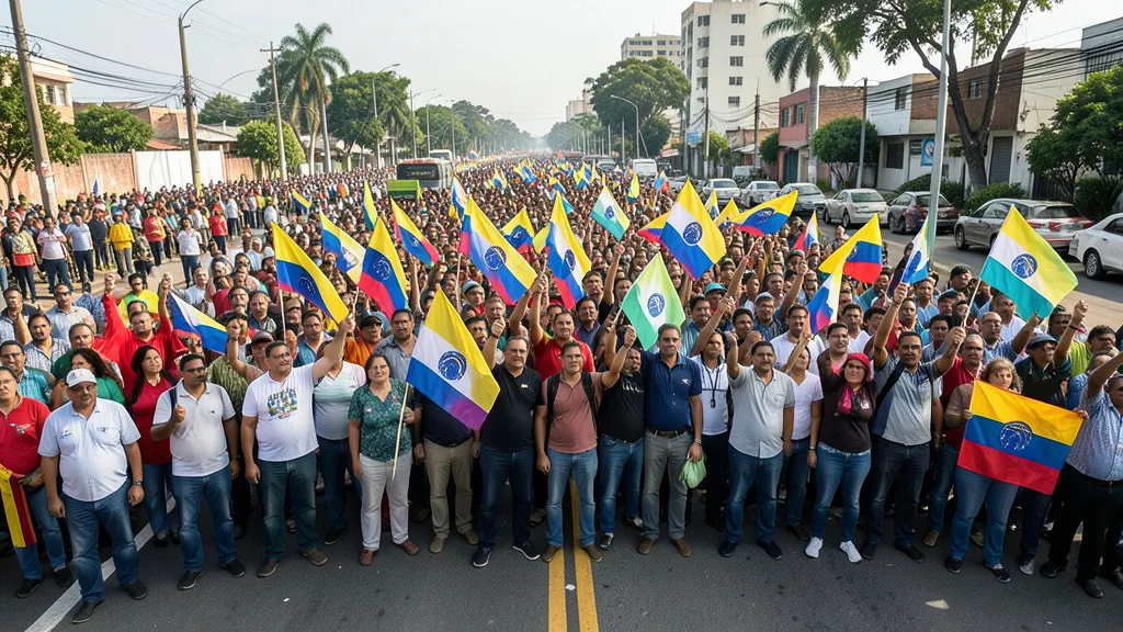 Imagem gerada por IA: Apoiadores venezuelanos se reúnem à beira de uma estrada durante a volta de María Corina Machado.