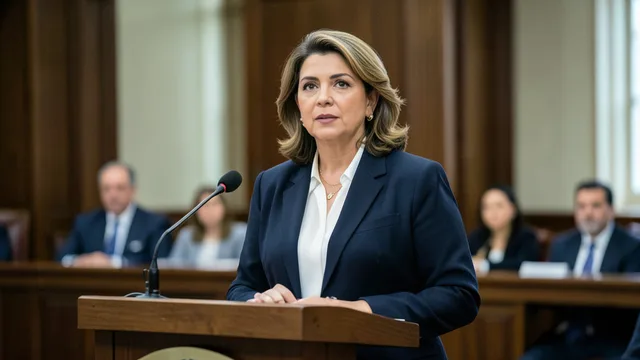 Imagem gerada por IA: Delcy Rodríguez fala em um púlpito durante um pronunciamento oficial.