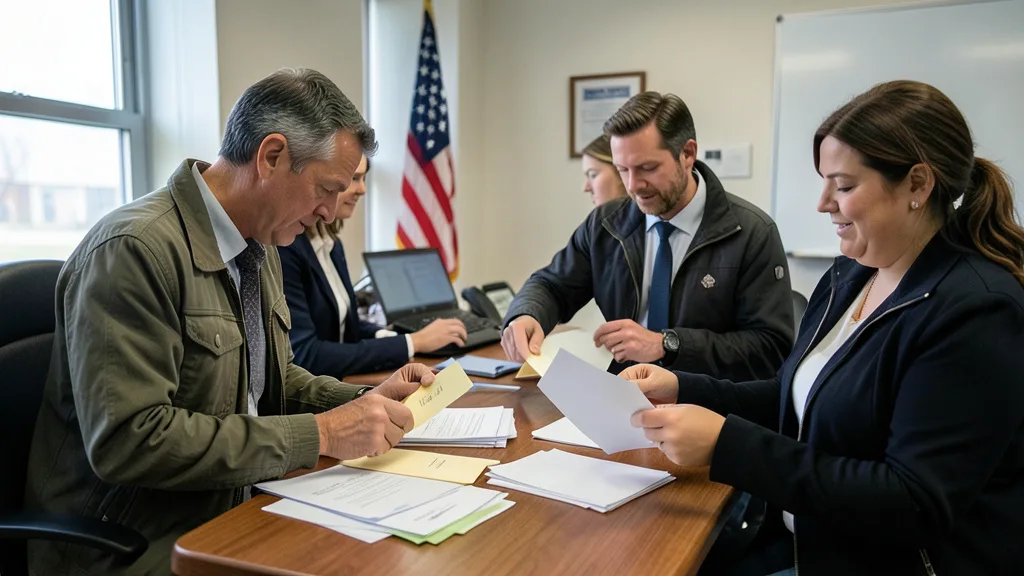 Imagem gerada por IA: Voluntários organizam envelopes de doações e documentos em um escritório de campanha nos Estados Unidos.