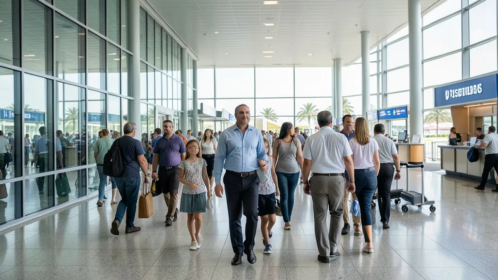 Imagem gerada por IA: Passageiros chegam a um aeroporto internacional em Miami.