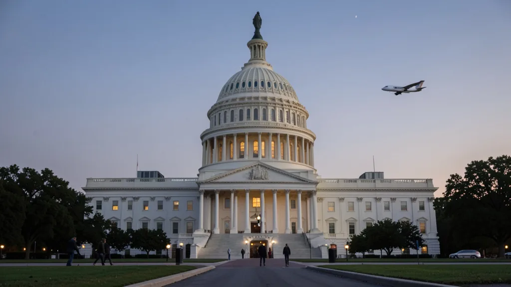 Imagem gerada por IA: Capitólio dos Estados Unidos ao entardecer, com um avião particular ao fundo.