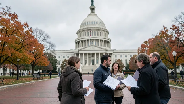 Imagem gerada por IA: Capitólio dos Estados Unidos ao fundo e pessoas com documentos em primeiro plano.