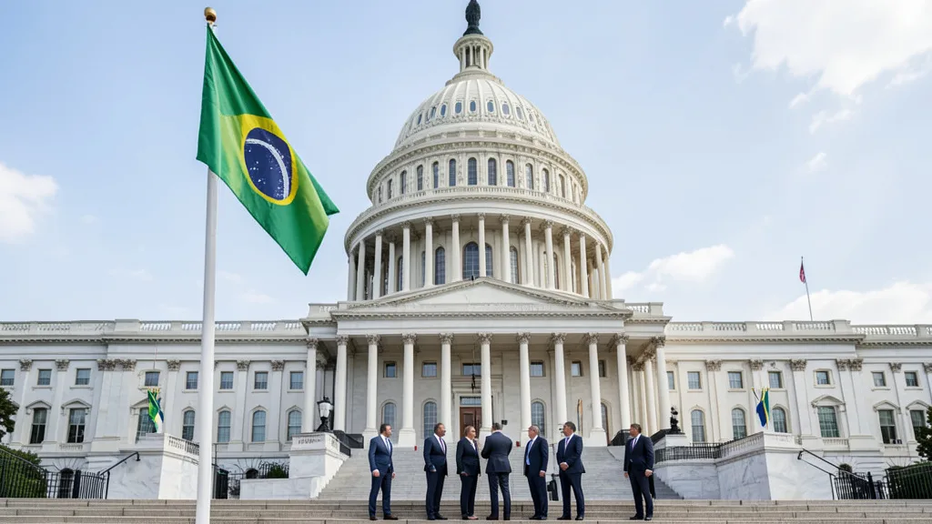 Imagem gerada por IA: Capitólio dos Estados Unidos ao fundo e bandeira do Brasil em primeiro plano.