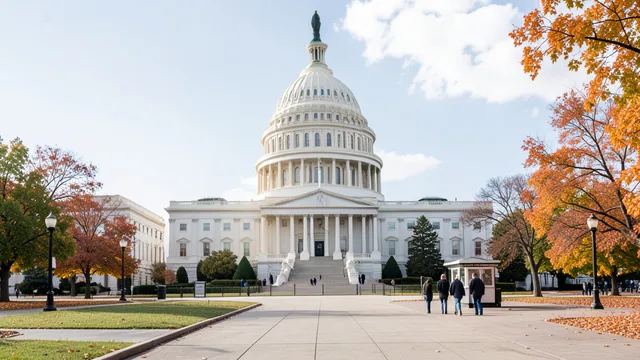 Imagem gerada por IA: Capitólio dos Estados Unidos em Washington, com eleitores caminhando ao fundo.