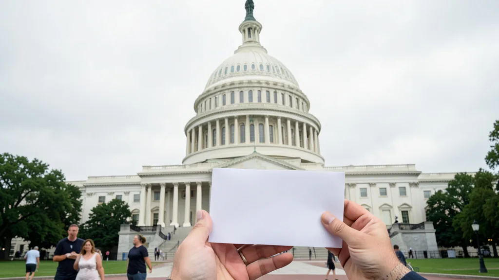 Imagem gerada por IA: Envelope sem inscrições diante do Capitólio dos Estados Unidos.