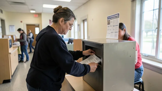 Imagem gerada por IA: Eleitor deposita uma cédula em uma urna durante uma votação nos Estados Unidos.