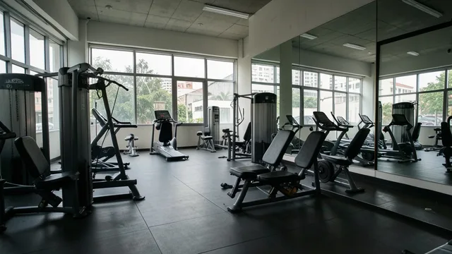 Imagem gerada por IA: Área de uma academia com aparelhos de exercício, sem pessoas.