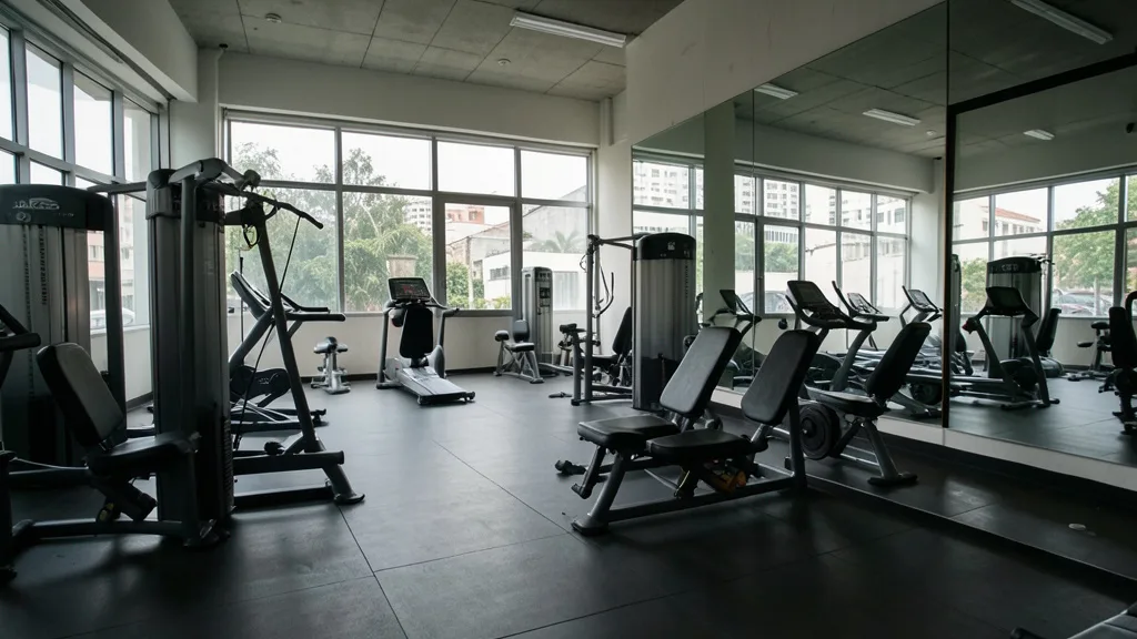 Imagem gerada por IA: Área de uma academia com aparelhos de exercício, sem pessoas.