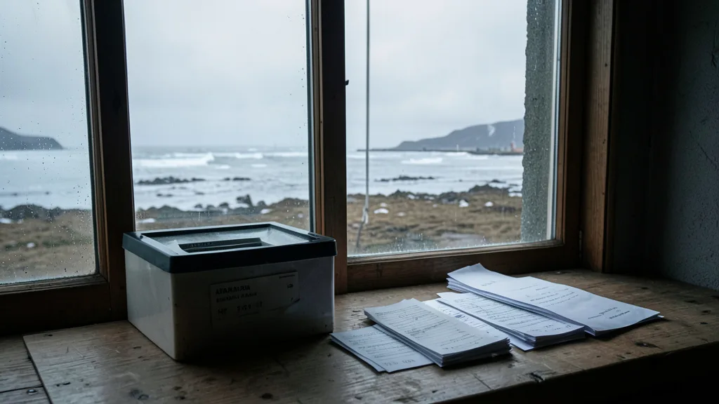Imagem gerada por IA: Urna e cédulas sem identificação em um local de votação numa vila costeira do Alasca.