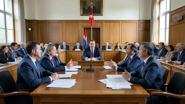 Imagem gerada por IA: Deputados discutem em uma sessão tumultuada no Parlamento da Albânia.