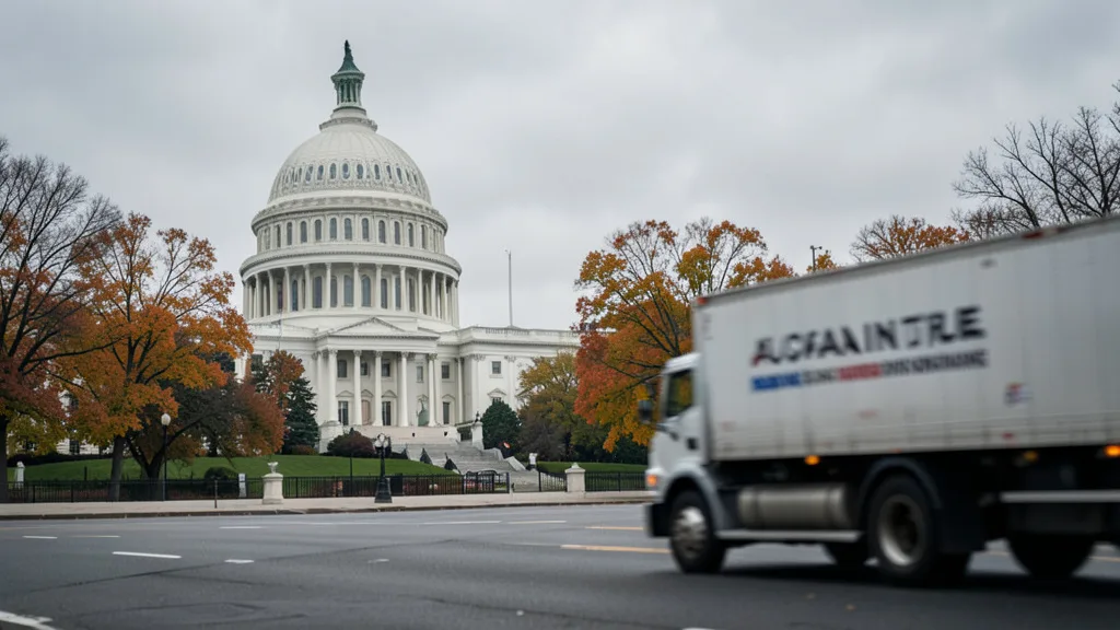 Imagem gerada por IA: Capitólio dos Estados Unidos ao fundo e caminhão-tanque em primeiro plano.