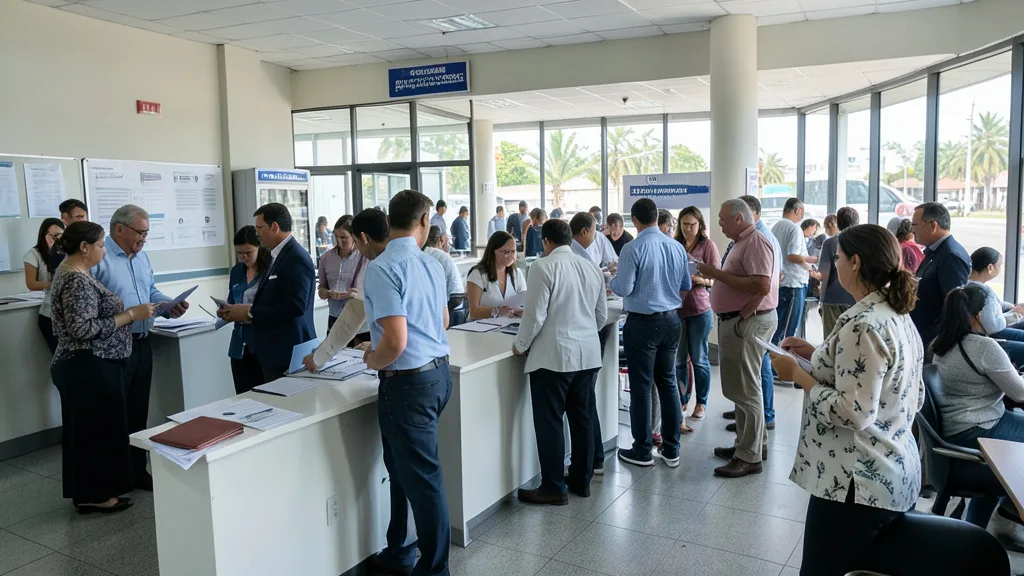 Imagem gerada por IA: Pessoas aguardam atendimento em um centro de emprego.