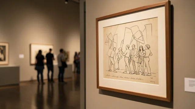 Imagem gerada por IA: Desenho antigo emoldurado exposto em uma galeria de arte com visitantes ao fundo.