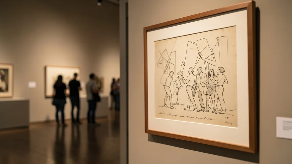 Imagem gerada por IA: Desenho antigo emoldurado exposto em uma galeria de arte com visitantes ao fundo.