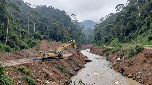 Imagem gerada por IA: Retroescavadeira perto de uma mina de ouro em área montanhosa e enlameada de Nariño, na Colômbia.