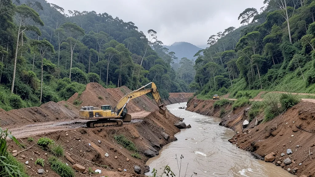 Imagem gerada por IA: Retroescavadeira perto de uma mina de ouro em área montanhosa e enlameada de Nariño, na Colômbia.