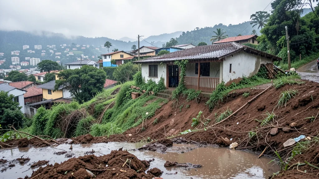 Imagem gerada por IA: Casa parcialmente coberta por terra após deslizamento em uma encosta da Brasilândia.