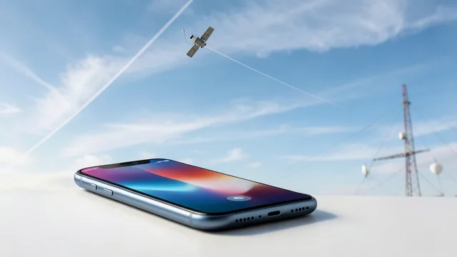 Imagem gerada por IA: Celular em primeiro plano sob um satélite de comunicação e uma antena terrestre ao fundo.