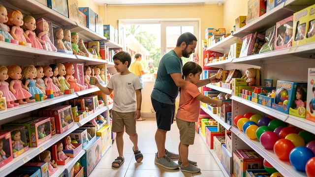 Imagem gerada por IA: Adulto e criança escolhem brinquedos em uma loja para o Dia das Crianças.