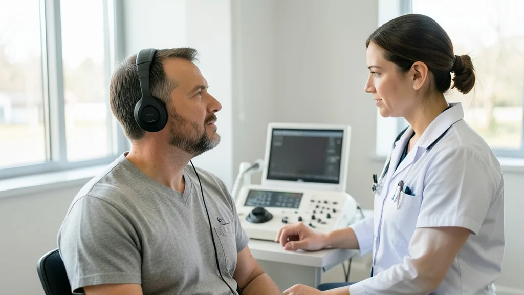 Imagem gerada por IA: Adulto faz um teste de audição em uma clínica, usando fones enquanto um profissional acompanha o exame.