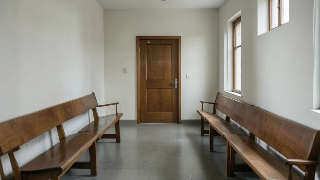 Imagem gerada por IA: Corredor de tribunal com bancos vazios e porta de uma sala de audiência.