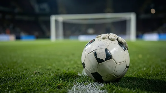 Imagem gerada por IA: Luva de goleiro com o dedo anelar protegido por uma bandagem ao lado de uma bola.