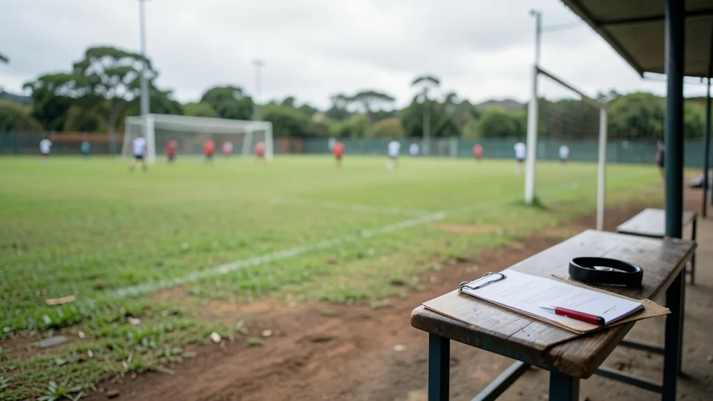 Imagem gerada por IA: Área técnica vazia à beira de um campo de futebol, com prancheta e apito sobre um banco.