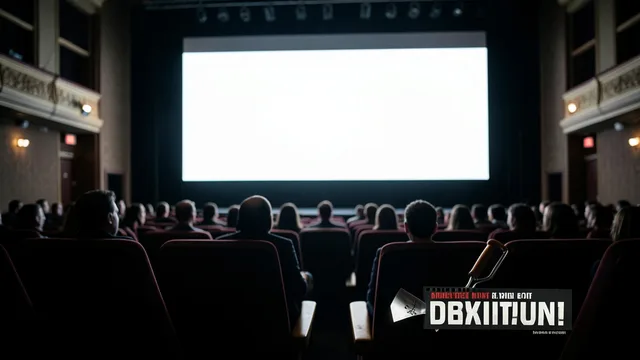 Imagem gerada por IA: Sala de cinema com espectadores diante da tela e uma pá cenográfica ao lado de uma poltrona.