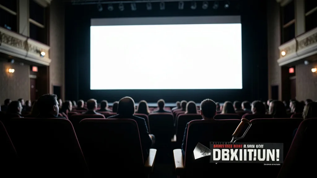 Imagem gerada por IA: Sala de cinema com espectadores diante da tela e uma pá cenográfica ao lado de uma poltrona.