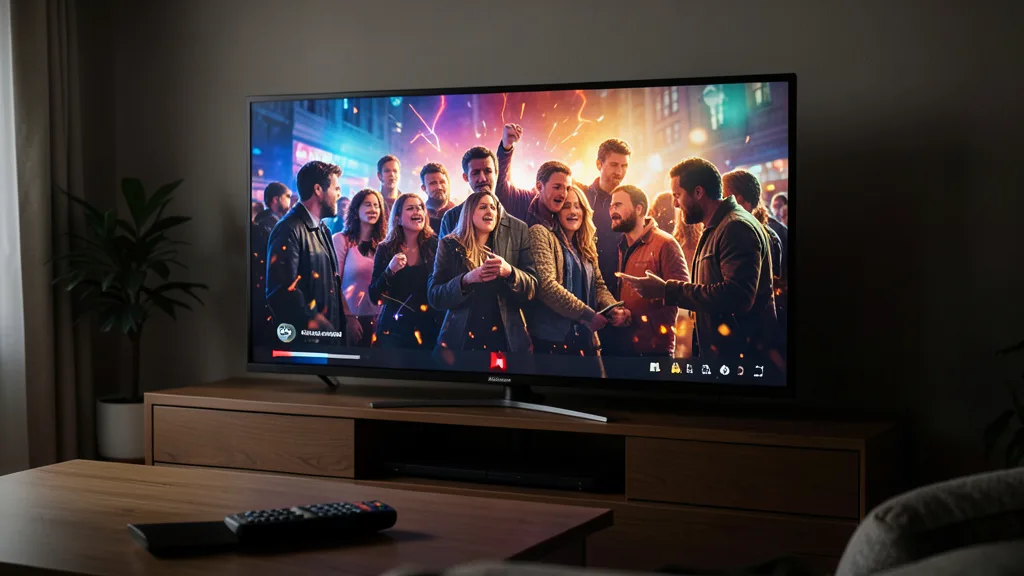 Imagem gerada por IA: Televisão em uma sala exibe uma cena de streaming com cores intensas.