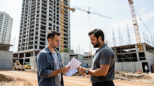 Imagem gerada por IA: Casal analisa documentos diante de um edifício residencial em construção.