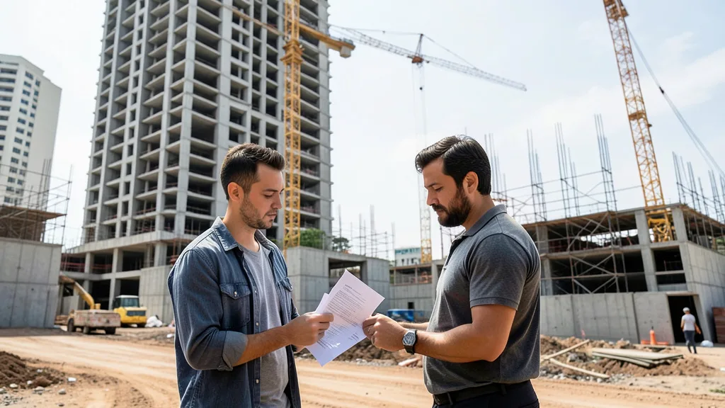 Imagem gerada por IA: Casal analisa documentos diante de um edifício residencial em construção.